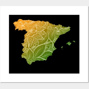 Colorful mandala art map of Spain with text in green and orange Posters and Art